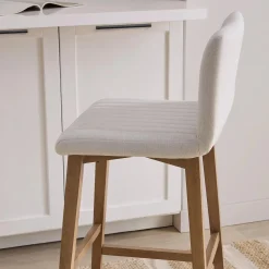 Hot Bouclair Fabric and Natural Wood Bar Stool