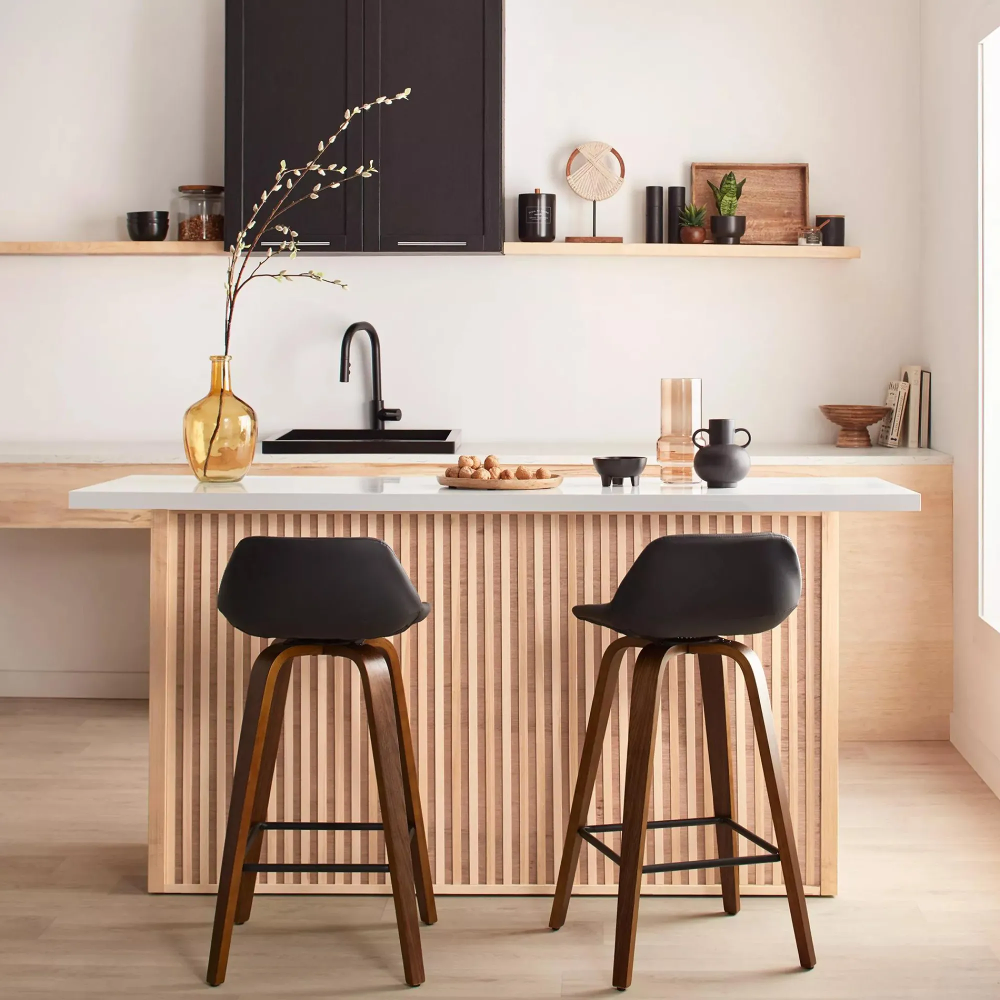 Discount Bouclair Faux Leather and Walnut Wood Bar Stool