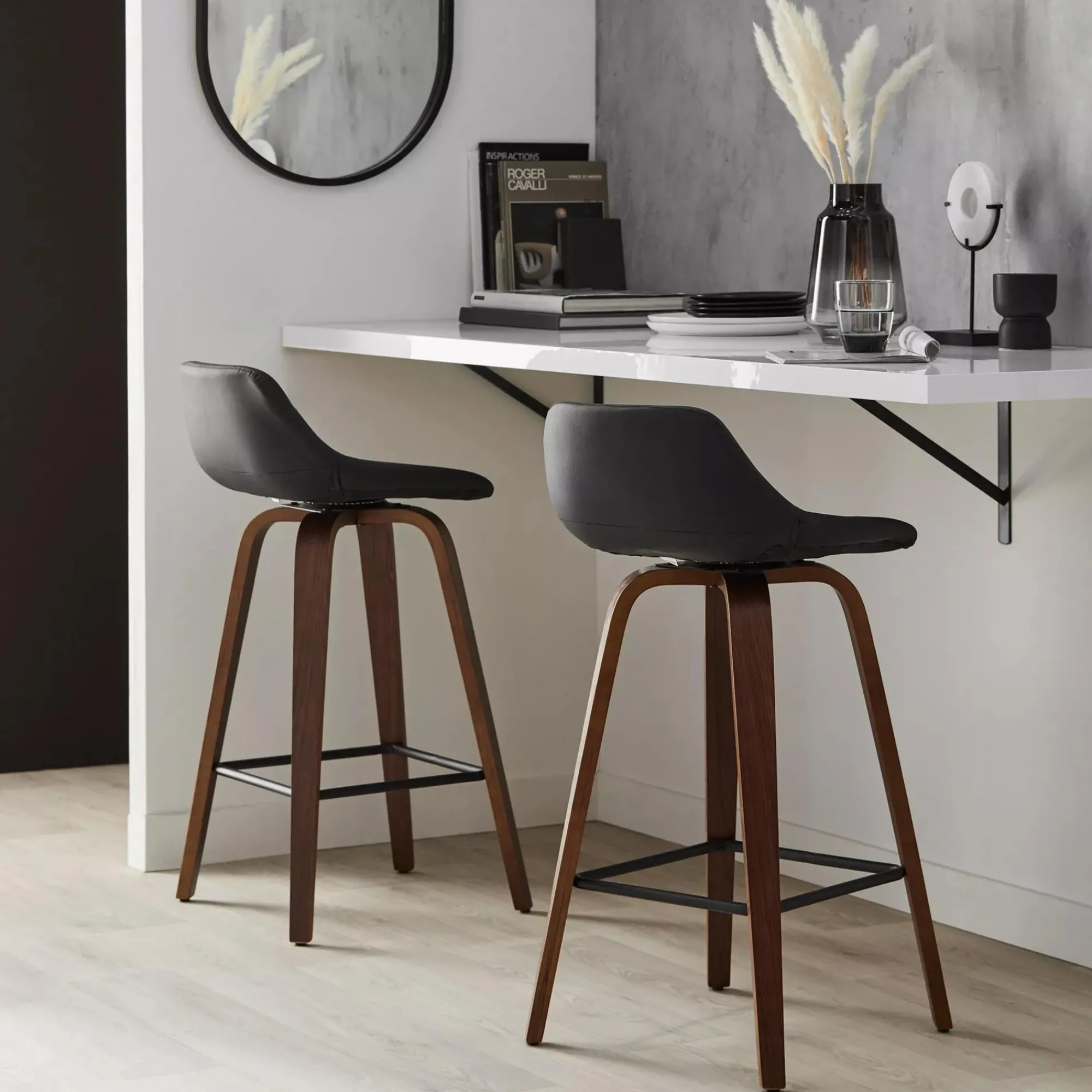 Discount Bouclair Faux Leather and Walnut Wood Bar Stool