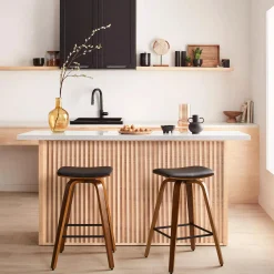 New Bouclair Faux Leather and Walnut Wood Backless Stool