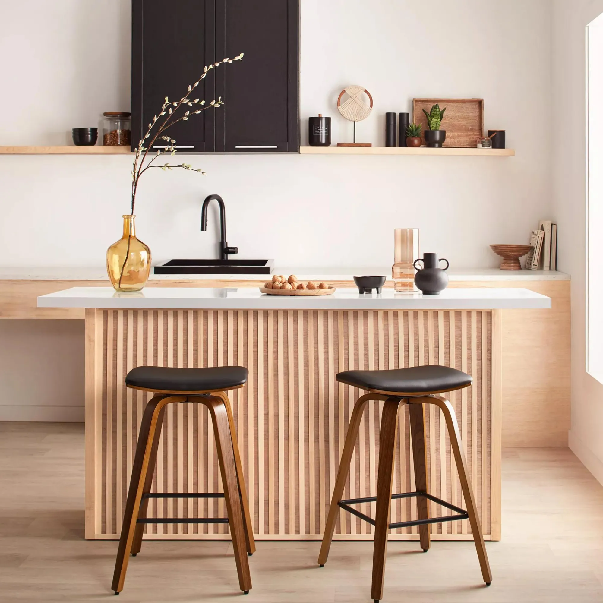 New Bouclair Faux Leather and Walnut Wood Backless Stool