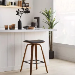 New Bouclair Faux Leather and Walnut Wood Backless Stool