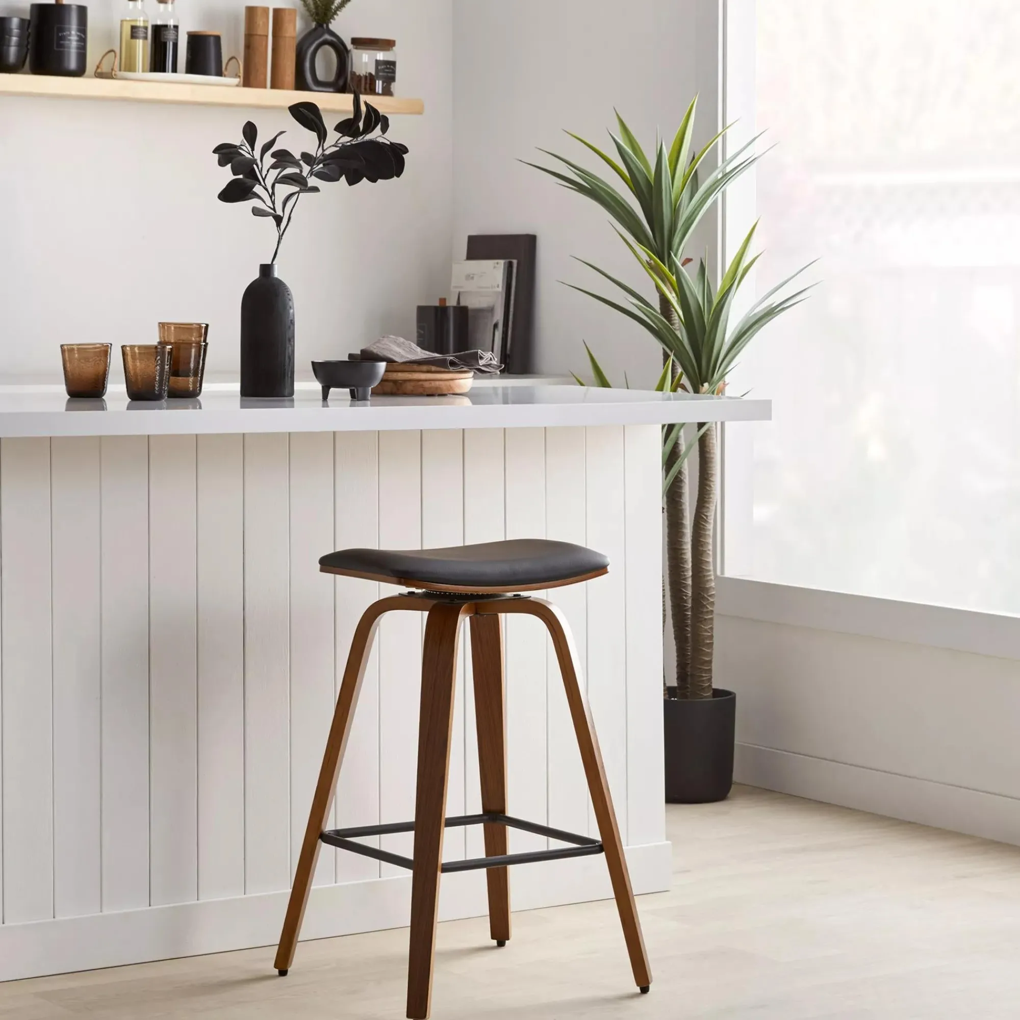 New Bouclair Faux Leather and Walnut Wood Backless Stool