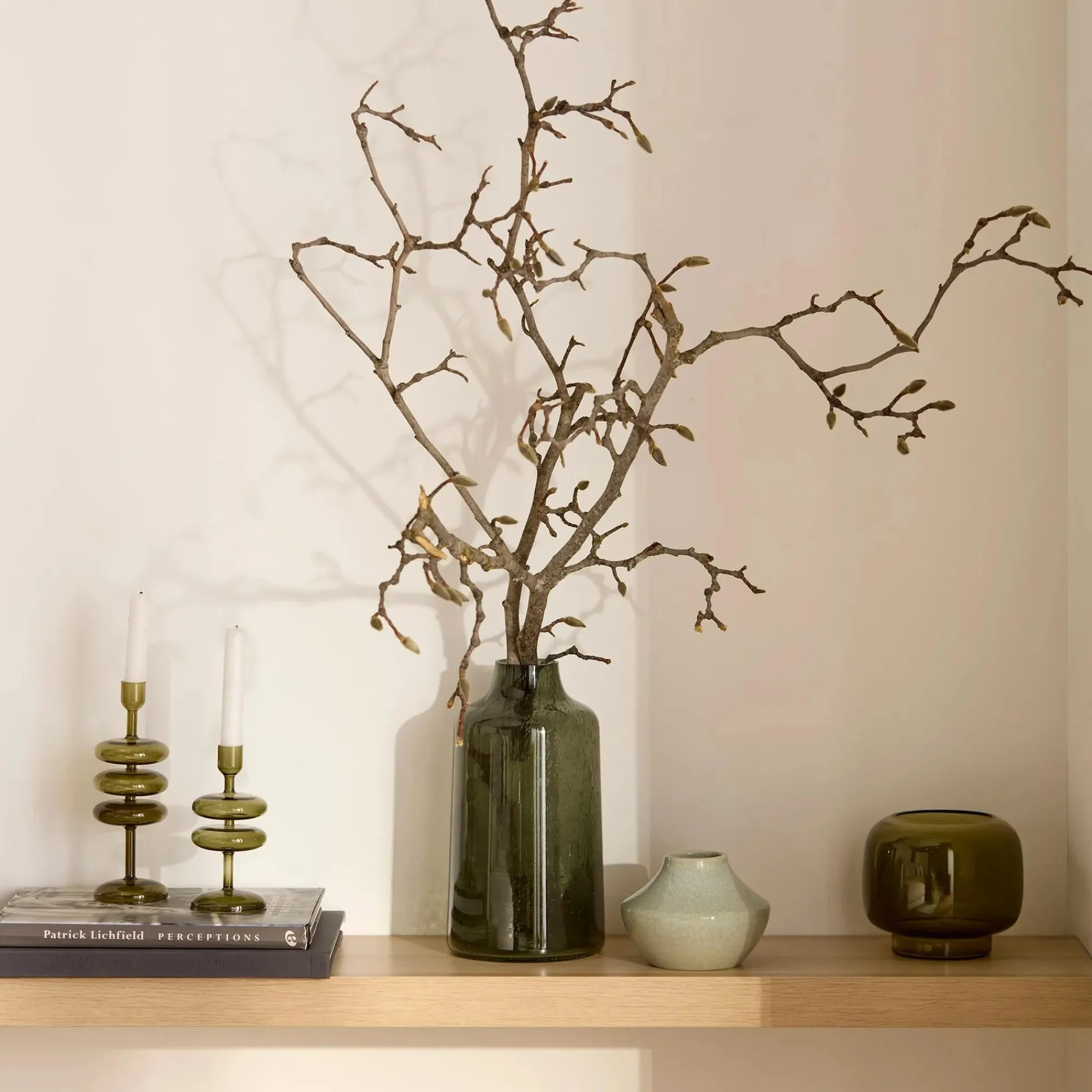 Bouclair Green Glass Pillar Candle Holder