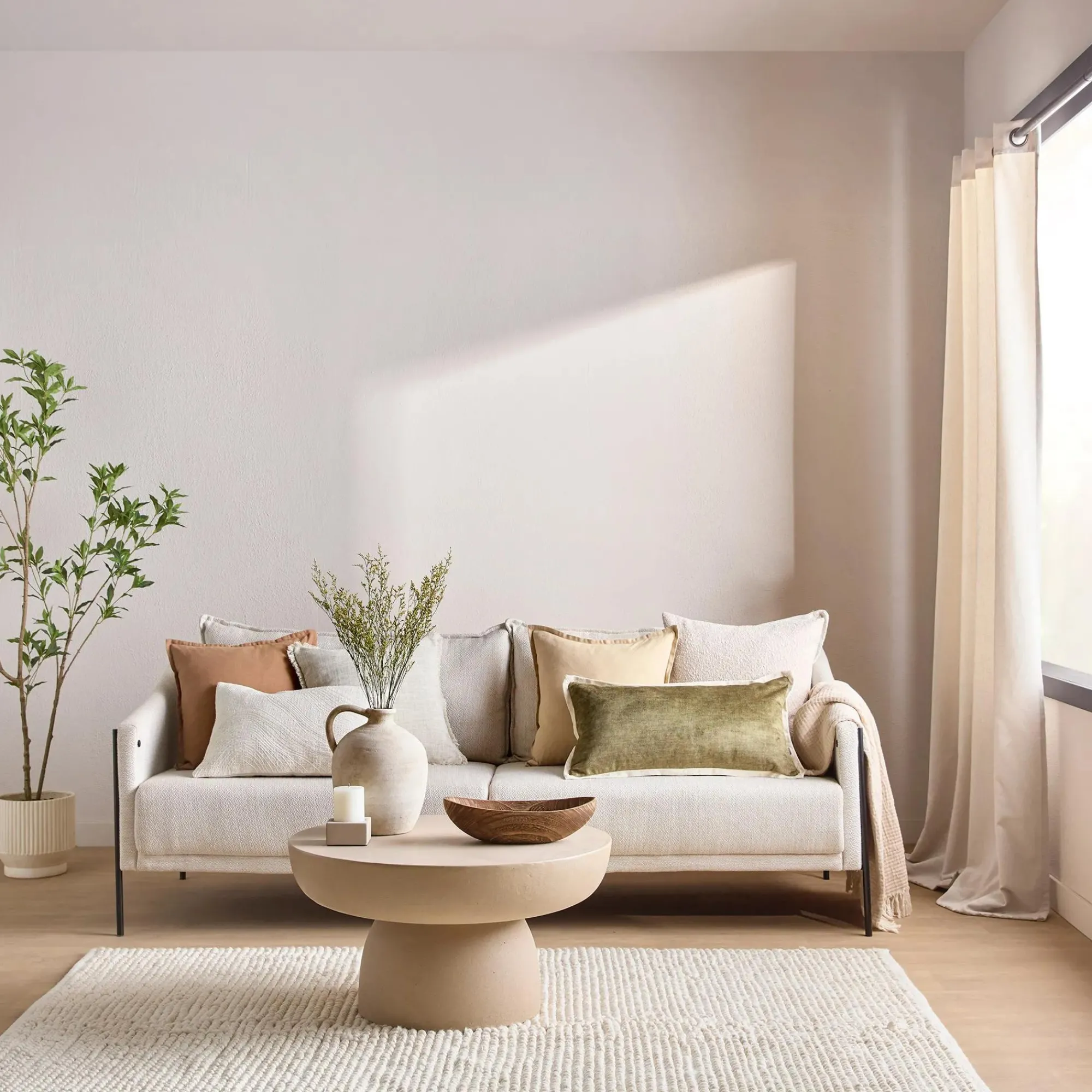 Discount Bouclair Oatmeal Fabric Sofa with Black Metal Legs