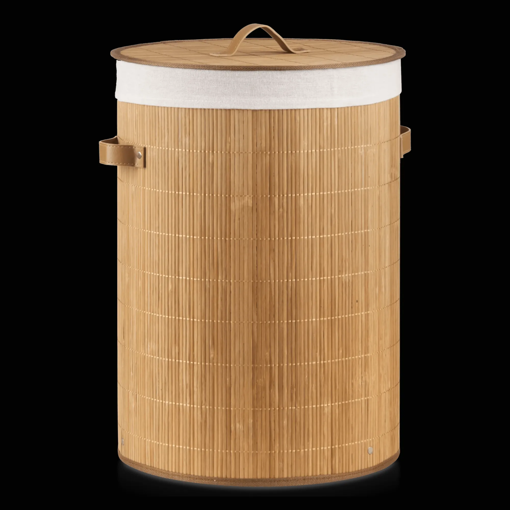 Online Bouclair Round Bamboo Hamper with Lining and Faux Leather Handles