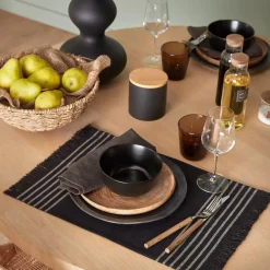 Outlet Bouclair Set of 4 Black & Natural Fringed Fabric Placemats