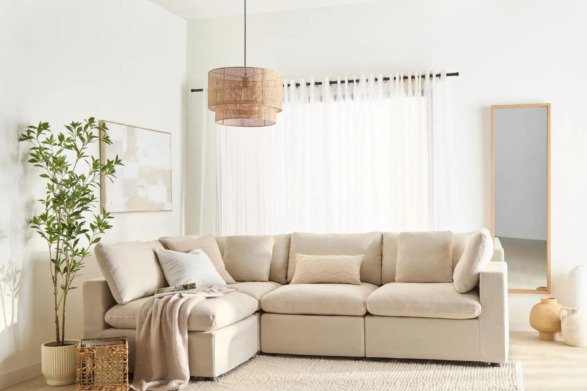 New Bouclair Wood & Rattan Ceiling Lamp