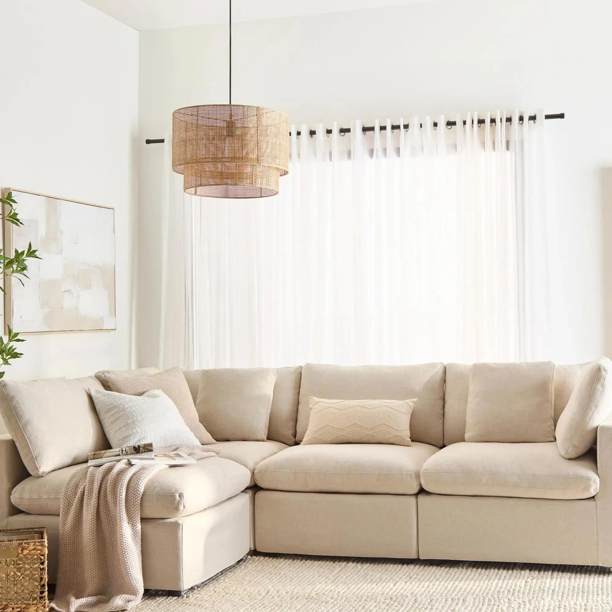 New Bouclair Wood & Rattan Ceiling Lamp