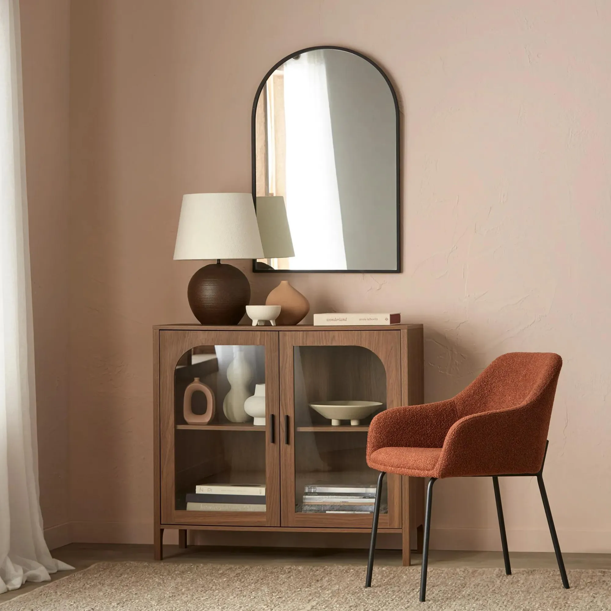 New Bouclair Wooden Veneer Buffet with Glass Doors